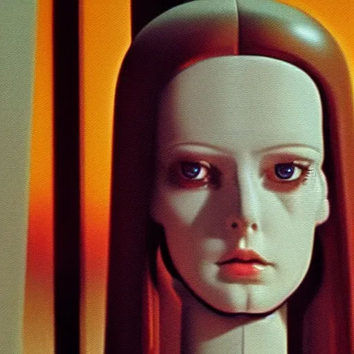 Image similar to portrait of female android, from a stanley kubrick movie