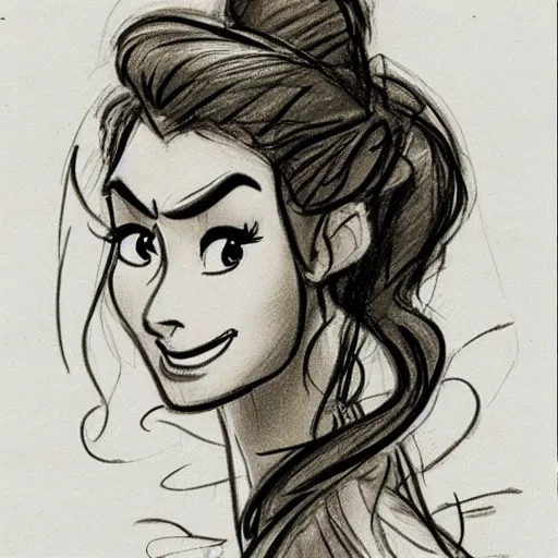 Image similar to milt kahl sketch of vanessa hudgeons with done up hair, tendrils covering face and ponytail as princess padme from star wars episode 3