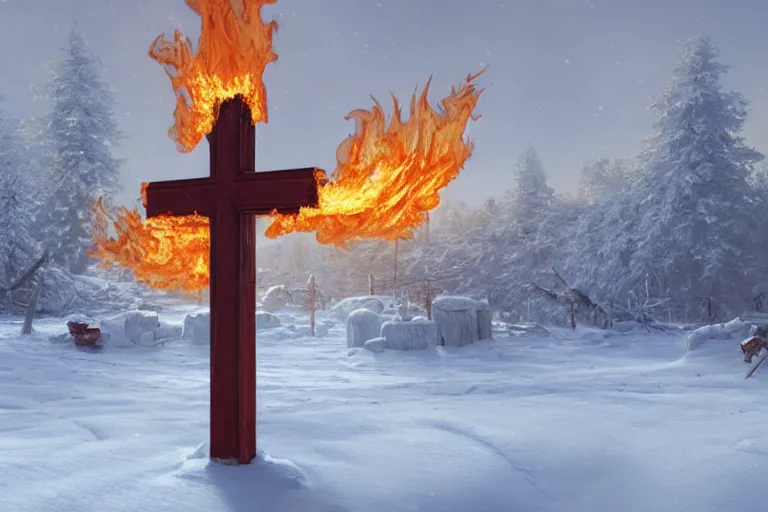 Image similar to a cross set on fire on a snow covered field, painting by pascal blanche, a matte painting by li shida, cgsociety, context art, redshift, matte painting, reimagined by industrial light and magic