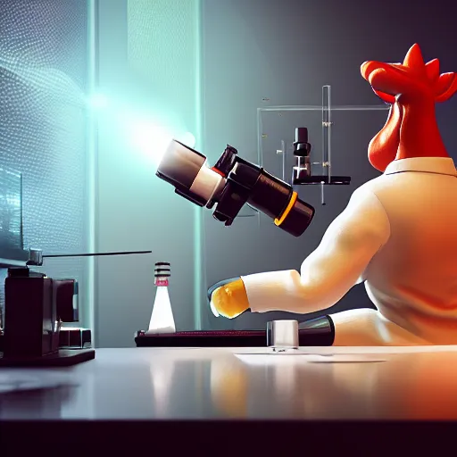 Prompt: rooster wearing a lab coat and looking through a microscope in a futuristic laboratory, unreal engine, blender render, octane render, video game fully rendered scene, highly detailed, high resolution, beautiful lighting, atmospheric