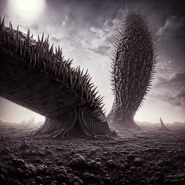Image similar to ribbed surreal giant abandoned alien structure, spaceship on exoplanet, covered in with spikes, in a desolate empty wasteland, creepy, nightmare, dream-like heavy atmosphere, surreal abandoned buildings, beautiful detailed intricate insanely detailed octane render trending on Artstation, 8K artistic photography, photorealistic, chiaroscuro, Raphael, Caravaggio, Beksinski, Giger