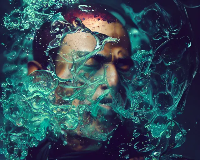 Prompt: Peaceful monk in a chaotic storm of liquid smoke, by petros afshar, sabbas apterus, brian sum, ross tran, shattered glass, bubbly underwater scenery, radiant light