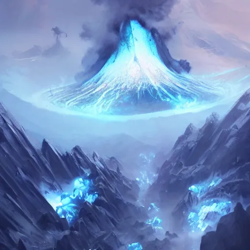 Image similar to blue glacier volcano eruption, blue glacier volcano eruption, blue liquid and snow, blue glacier volcano eruption, ice cold blue theme, bright masterpiece artstation. 8 k, sharp high quality artwork in style of jose daniel cabrera pena and greg rutkowski, concept art by tooth wu, blizzard warcraft artwork, hearthstone card game artwork