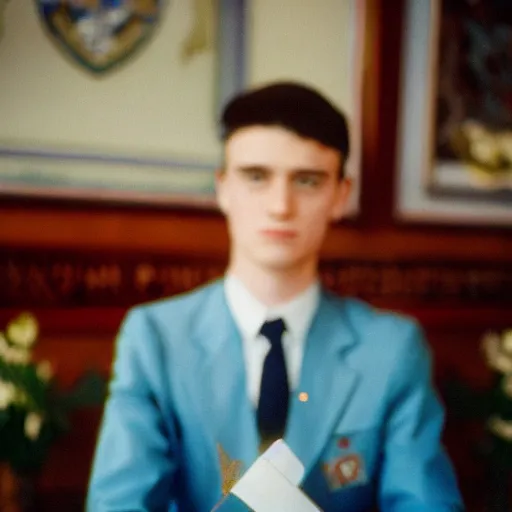 Image similar to A young man in a suit sits at a table , coat of arms of USSR in background, bokeh, cinestill, fine details