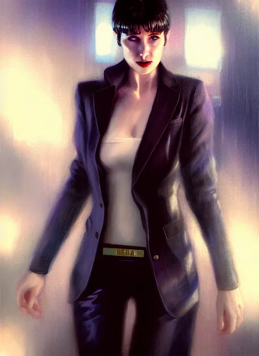 Prompt: ! dream hyper realistic portrait gorgeous, beautiful rachael rosen from blade runner set in modern times, fully clothed in a women's suit from the future, by greg rutkowski, scott m fischer, artgerm, loish, slight glow, atmospheric, anne stokes, alexandros pyromallis,