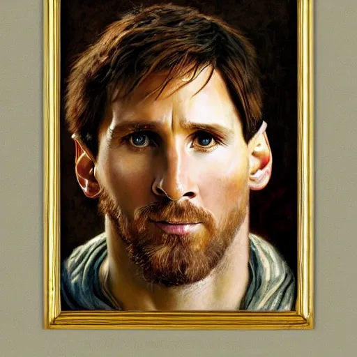 Image similar to attractive lionel messi as attractive king arthur pendragon, natural lighting, high quality, very detailed painting, by gaston bussiere, donato giancola, j. c. leyendecker