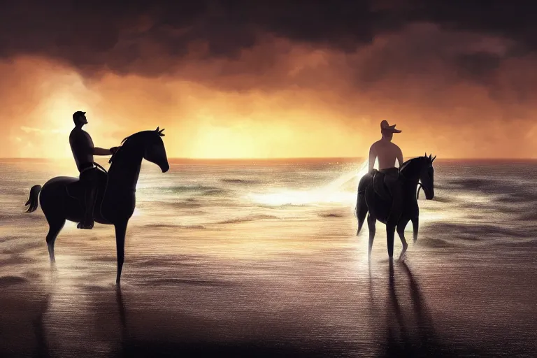 Image similar to photo of man riding a horse along the beach, glowing underwater waves toward a lighthouse in the distance guiding his way, silhouette, wide horizon, large white clouds, night, intricate, elegant, highly detailed, digital painting, artstation, concept art, smooth, sharp focus, illustration, art by artgerm and greg rutkowski and fra angelico