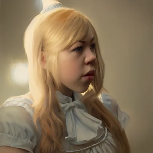 Image similar to detailed painting of jennette mccurdy wearing a maid outfit, 8 k, by greg rutkowski, artgerm, global illumination