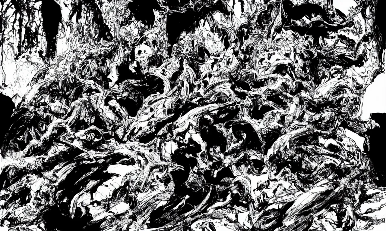 Prompt: black and white comic book art of the edge of alien ruins, cinematic landscape, jung gi kim, mark schultz, bernie wrightson, jim lee, alphonse mucha