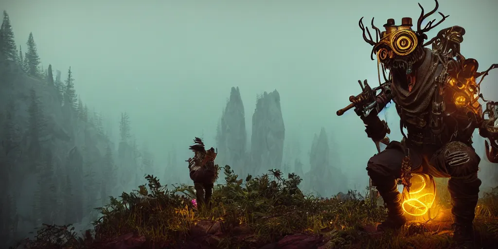 Image similar to woodsman wearing a steampunk and neonpunk mechanical fluorescent mystical animal mask in strange misty mountain landscape. fight with night monsters, night, realism in style of fornite game, 4 k, octane render, award winning photograph, epic cinematic shot, perfectly defined features, ambient occlusion