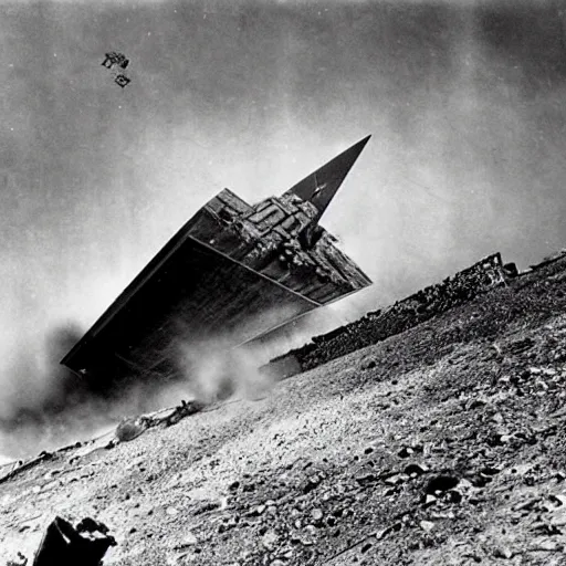 Image similar to an old ww2 photograph of a star destroyer crashing into earth