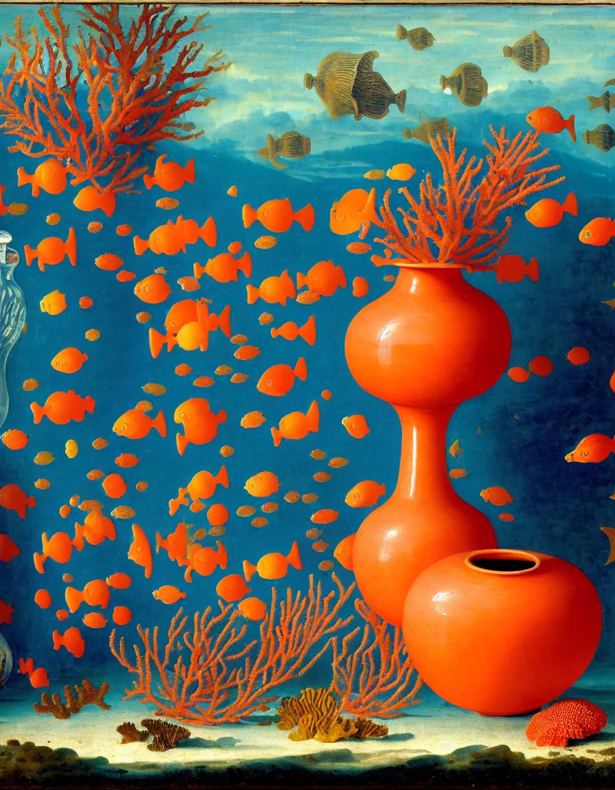 Image similar to bottle vase of coral under the sea and in the sky decorated with a dense field of stylized scrolls that have opaque outlines enclosing mottled blue washes, with orange shells and purple fishes, ambrosius benson, oil on canvas, hyperrealism, light color, no hard shadow, around the edges there are no objects