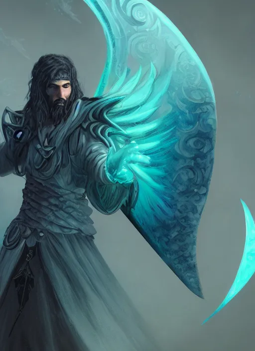 Image similar to an epic fantastic realism comic book style portrait painting of an aasimar hexblade warlock, teal energy, male, grand angel wings, silver hair, short beard, cloak, d & d concept art, unreal 5, daz, hyperrealistic, octane render, cosplay, rpg portrait, dynamic lighting