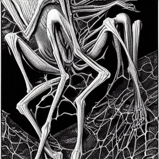 Image similar to grotesque human and spider hybrid, flesh and bone exposed, scary, spindly legs with a large web, junji ito manga art