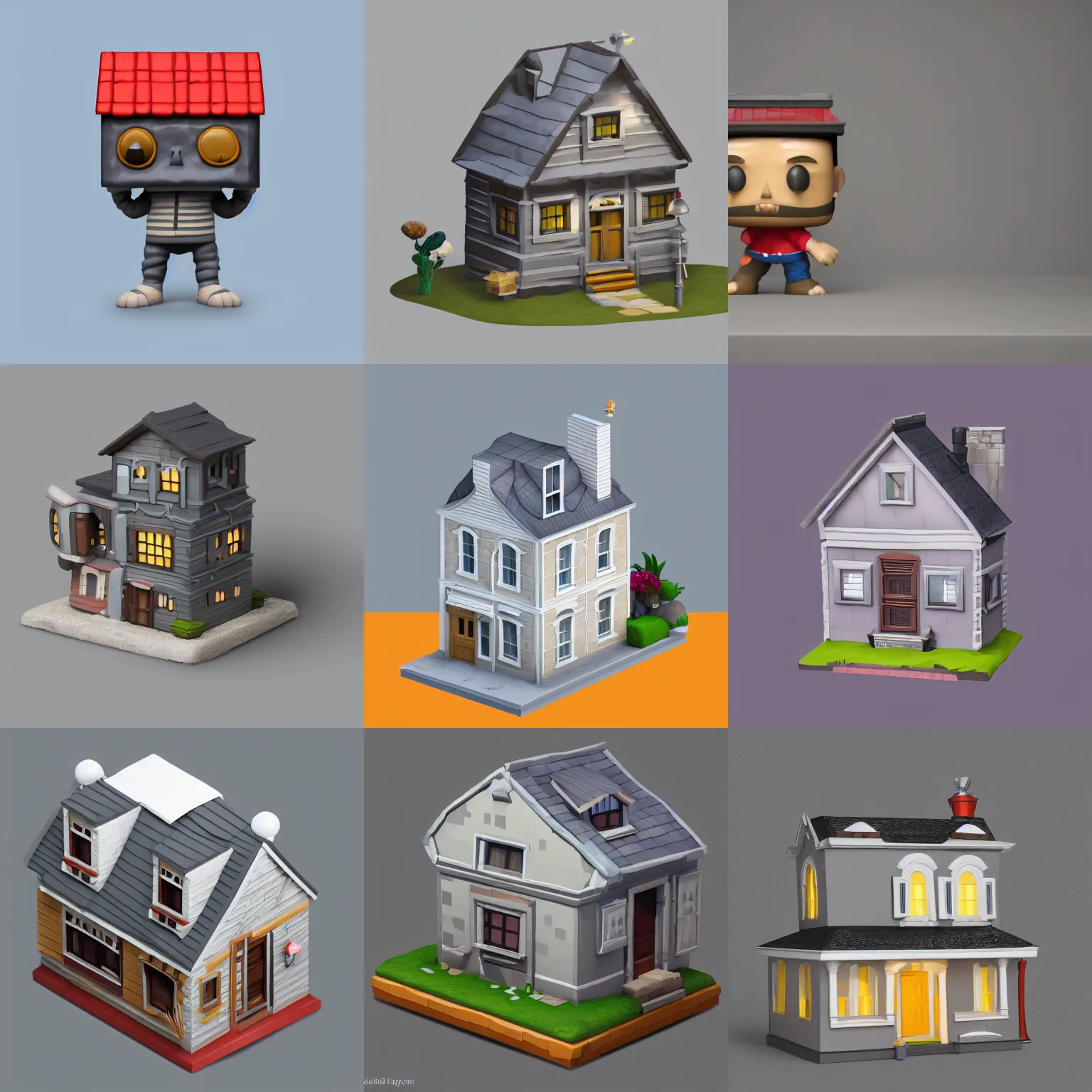 Prompt: full body isometric render of a house as a funko pop!, studio lighting, grey background, single body, no shadow, blender, trending on artstation, 8k, highly detailed