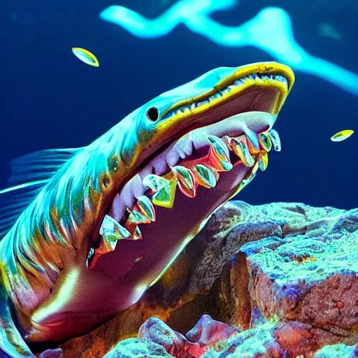 Image similar to A fish with jeweled teeth, the mouth is wide open, inside the mouth is a vegas casino