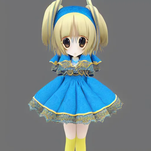 Prompt: cute fumo plush of a girl in a blue and gold patterned dress, high quality material bssrdf, vray, anime girl