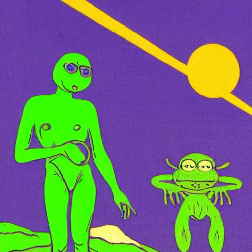 Image similar to ufo and aliens with pepe the frog beaming up abducting cows along coast line pastures, summer night and palm trees. by patrick nagel, by norman rockwell, by virgil finlay minimalist lighting, precisionist, 1 0 0 0 0 mm. purple and green gammas.