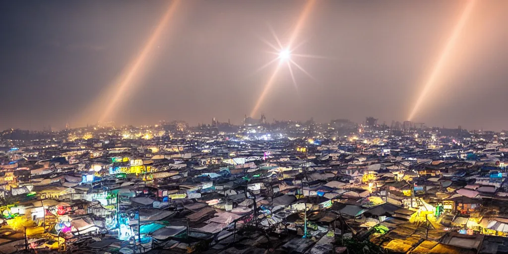 Prompt: large UFO over Ajegunle slums of lagos beaming neon rays of light, wide angle, Gold hour light,