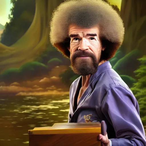 Prompt: a portrait of a Bob Ross , fantasy, David production, anime, HDR, natural light, shoulder level shot, dynamic pose, award winning photograph, Mucha style 4k,