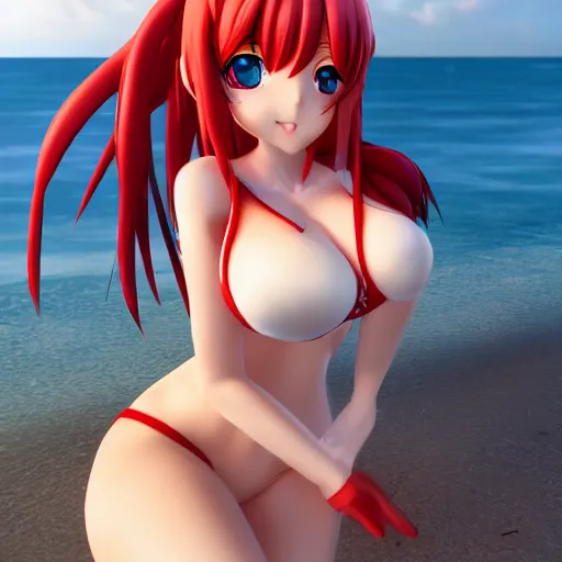 Image similar to rias gremory, very beautiful anime girl, long red hair, stunning eyes, cute freckles, full round face, short smile, cute bikini, golden hour, serene beach setting, medium shot, mid-shot, highly detailed, trending on Artstation, Unreal Engine 4k