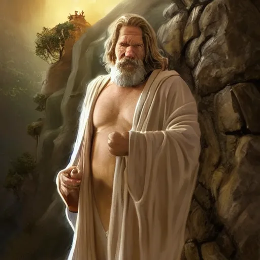 Prompt: a beautiful marc simonetti fantasy illustration of jeff bridges as the dude as the greek god zeus, wearing a bathrobe, holding a glass of milk on mount olympus. trending on artstation hq 8k