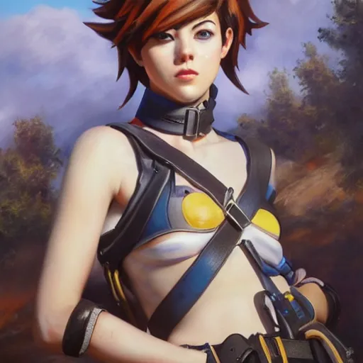 Image similar to oil painting of tracer overwatch in a field wearing large leather belt choker around neck, in style of mark arian, expressive face, detailed face, detailed eyes, full body, feminine face, tracer overwatch,