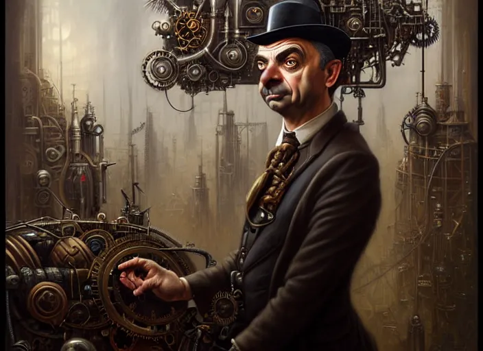 Image similar to steampunk portrait of rowan sebastian atkinson, fractal background, by tomasz alen kopera and peter mohrbacher