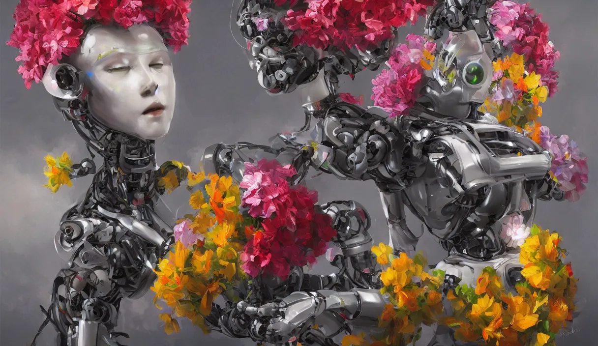 Prompt: A robot with flowers painting a beautiful artwork of himself, oil painting, digital art trending on artstation