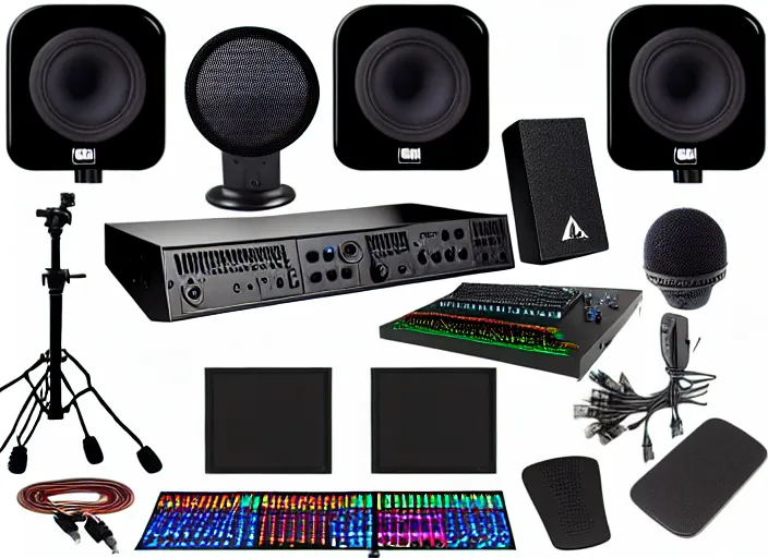 Image similar to moderator stance, sound filter, 6 monitors, pedals, drums, a gaming guitar, controller, 6 consoles, 1 0 computers, bunch of wires, soundpads, speakers, antena, satellite, dog, dog cam, cat cam, cat tree cat this