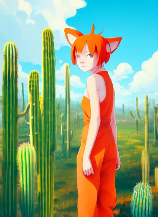 Image similar to portrait of cute redhead girl in orange jumpsuit with fox ears, holding a cactus, cloudy sky background lush landscape illustration concept art anime key visual trending pixiv fanbox by wlop and greg rutkowski and makoto shinkai and studio ghibli