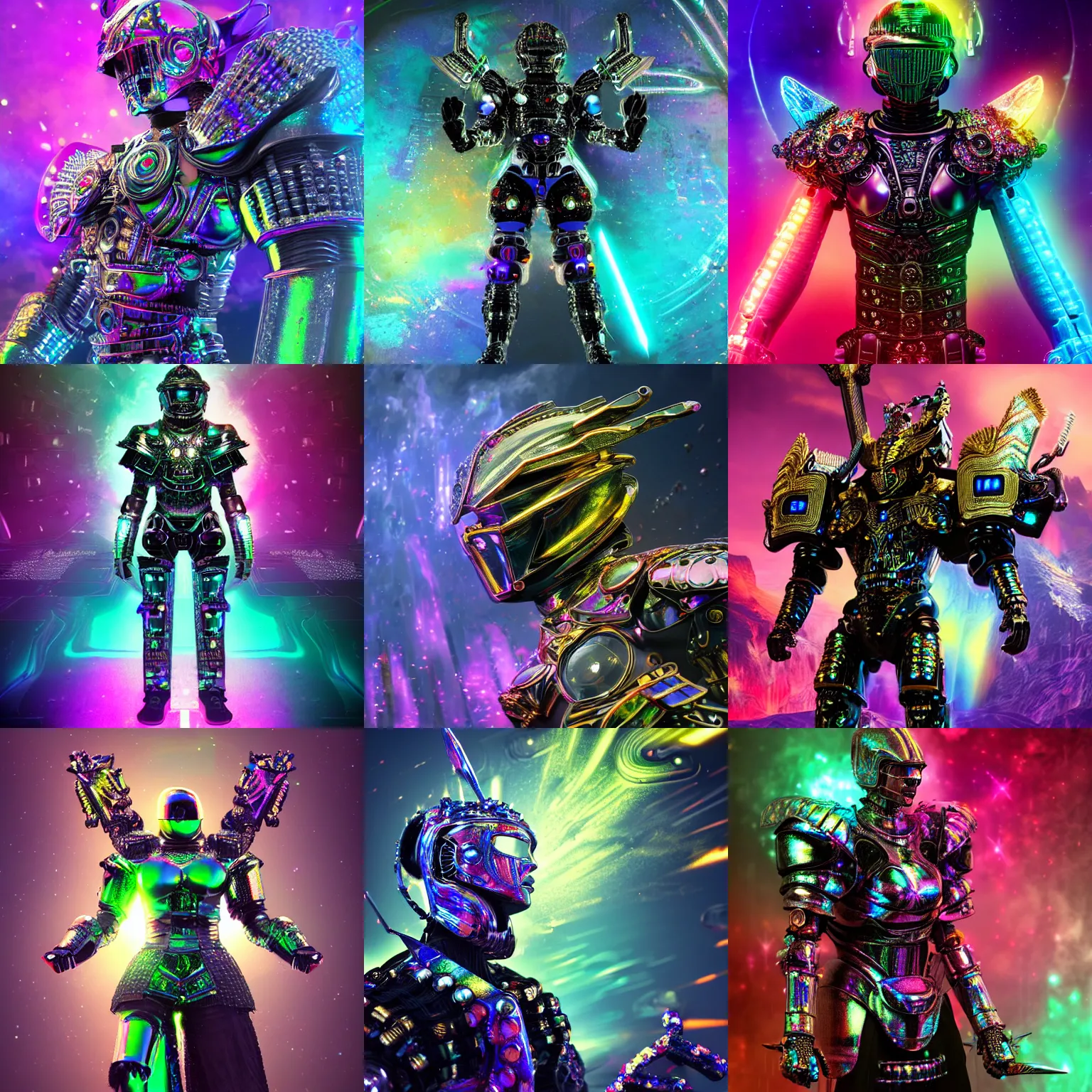 Prompt: Omnipotent floating iridescent warrior wearing black powerful iridescent armor encrusted in tiny iridescent microchips and transistors and iridescent cybernetic processors, extreme detail, artstation, high focal lens, brandishing a powerful sword, colorful vivid octane render, award winning artwork on artstation, realistic complex baroque composition