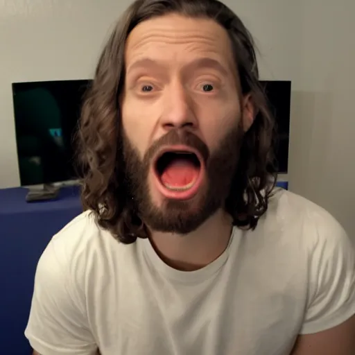 Image similar to jesus christ twitch stream, mouth wide open with his hands on his head, screenshot