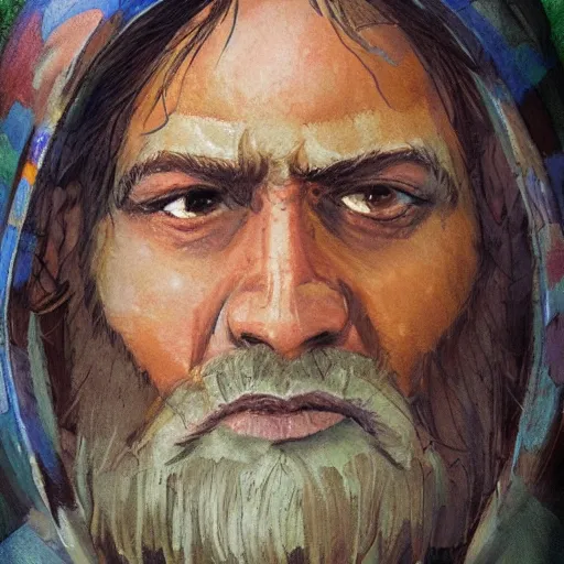 Image similar to Character portrait, face close up: Human Male Peace Domain Cleric. Peace will conquer all. In the style of Ernest Lawson