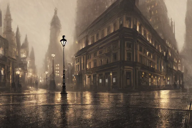 Image similar to beautiful serene victorian city, gaslight, rain, low angle, wide angle, artstation