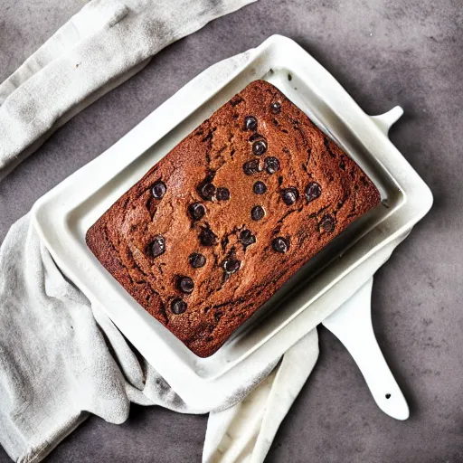 Prompt: a photograph of a professional baked chocolate chip zucchini bread