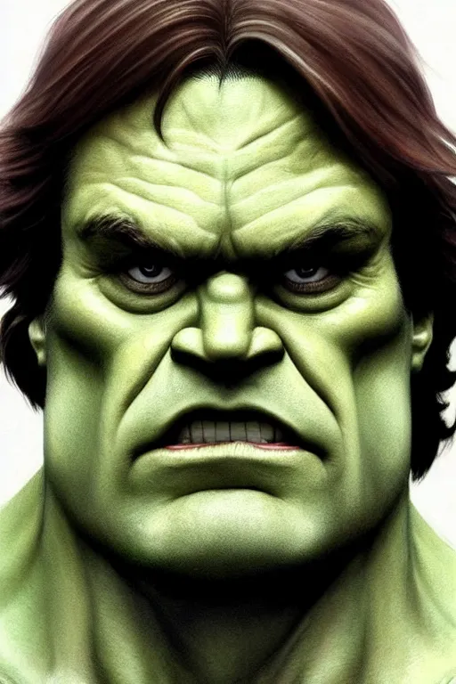 Image similar to Dwight Schrute as Hulk, Hulk costume, Dwight Schrute hairstyle, Hulk body type, Dwight Schrute Face, calm, grumpy, portrait, masculine figure, highly detailed, digital painting, artstation, concept art, smooth, sharp focus, illustration, cinematic lighting, art by artgerm and greg rutkowski and alphonse mucha