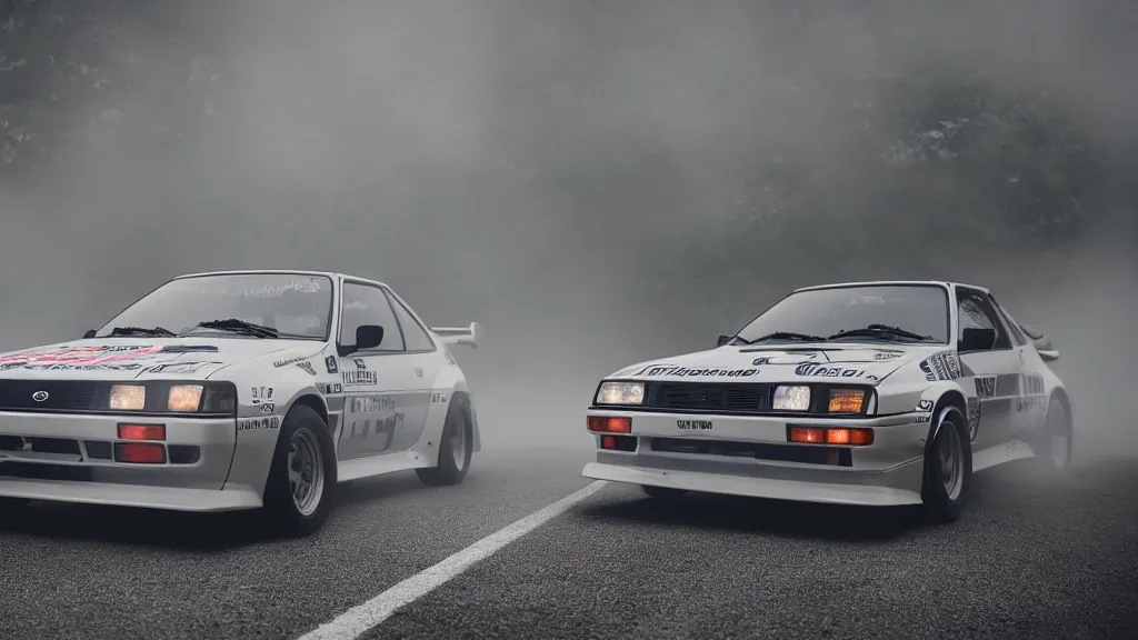 Prompt: a 1 9 8 3 takumi fujiwara's toyota ae 8 6 with carbon hood, cinematic, nikon d 7 5 0, long exposure, white balance, 8 k, led, lumen global illumination, fog, ray tracing reflections, fxaa, rtx, post - production