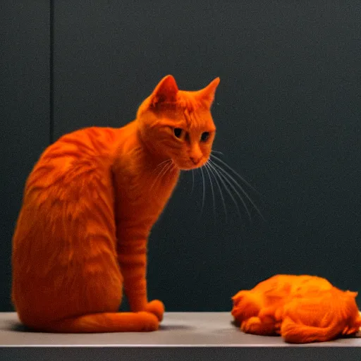 Image similar to an orange cat staring at a drawer ~ on fire ~ fire ~ high - resolution photo ~