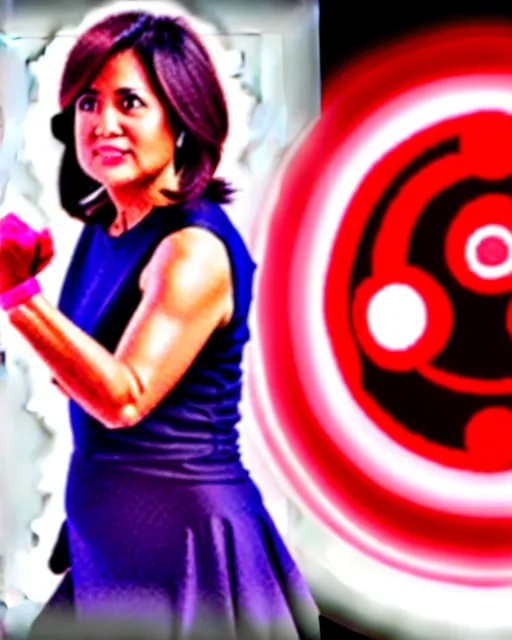 Prompt: leni robredo hadouken pose with red aura, stylish concept art,