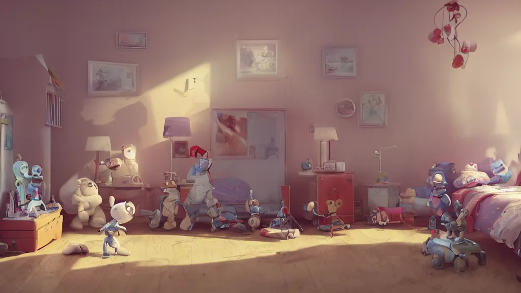 Image similar to a Photorealistic hyperrealistic Low angle view render of a vintage wind up toy robot on the floor of an interior of a beautifully decorated spoiled child's beautiful bedroom with a giant teddy bear sitting on the bed by PIXAR,Greg Rutkowski,WLOP,Artgerm,dramatic moody sunset lighting,long shadows,Volumetric, cinematic atmosphere, Octane Render,Artstation,8k