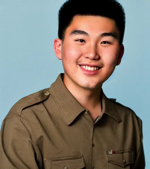 Image similar to a professional portrait of frank zhang, a 1 7 year old chinese - canadian boy with brown eyes, military cut flat top black hair, a warm smile, a chubby, round face, a chubby body, 6'3 height, archer