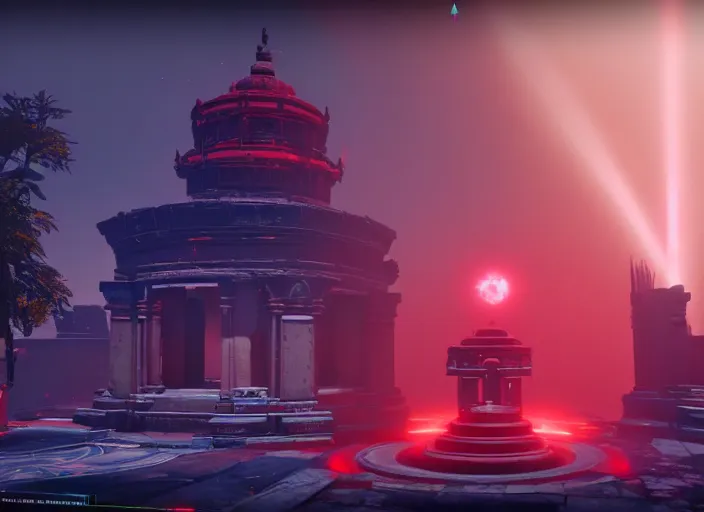 Image similar to ancient temple of worship with red shafts of light in destiny 2, foggy, liminal, dark, dystopian, beautiful architecture, abandoned, highly detailed 4 k 6 0 fps in - game destiny 2 gameplay screenshot leak