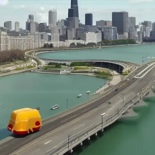 Image similar to live footage of a giant katamari rolling down chicago's lake shore drive, 4 k screen capture