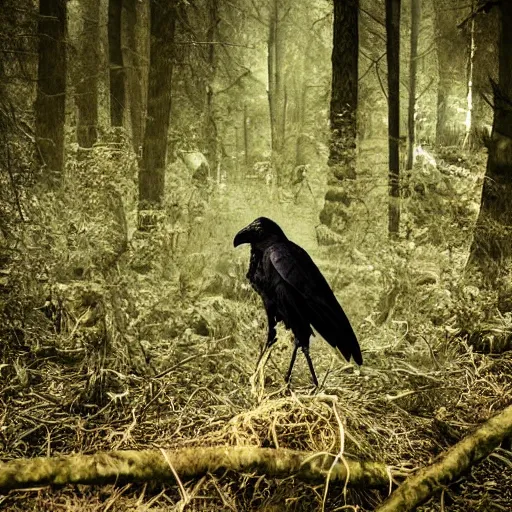 Image similar to werecreature mixture of human and crow, photograph captured in a forest