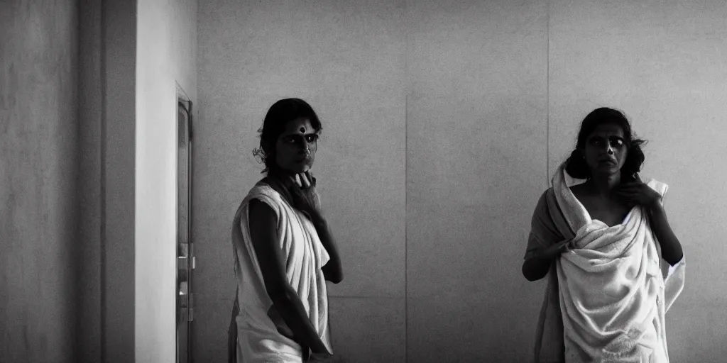 Image similar to sri lankan woman in the bathroom, wearing a towel, film still, thriller movie style