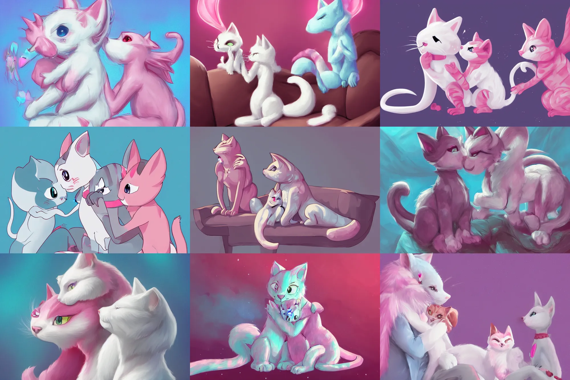 Prompt: A white anthro cat kissing a pink anthro dragon on the cheek, sitting on a couch, soft lighting, light blue background, digital art, trending on r/furry