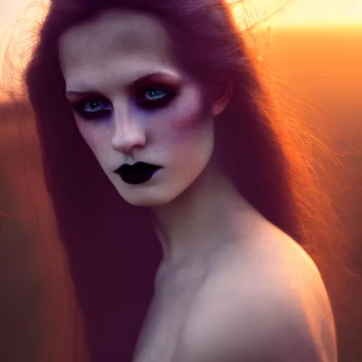 Image similar to photographic portrait of a stunningly beautiful gothic female in soft dreamy light at sunset, contemporary fashion shoot, by edward robert hughes, annie leibovitz and steve mccurry, david lazar, jimmy nelsson, breathtaking, 8 k resolution, extremely detailed, beautiful, establishing shot, artistic, hyperrealistic, beautiful face, octane render