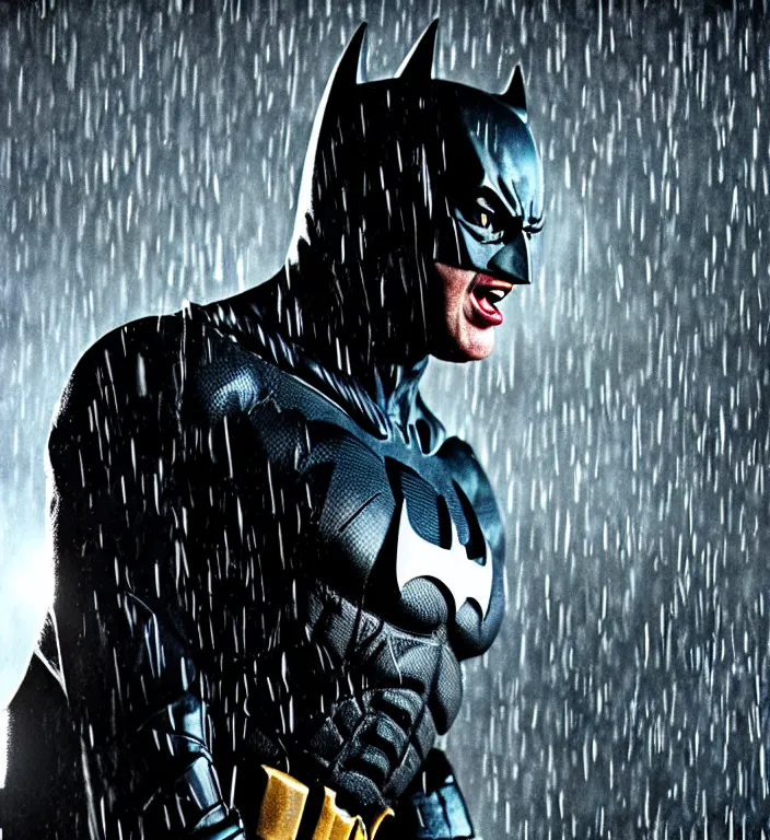 Prompt: cinematic still of tobey maquire as batman, screaming in pain, dramatic rain, 8 k
