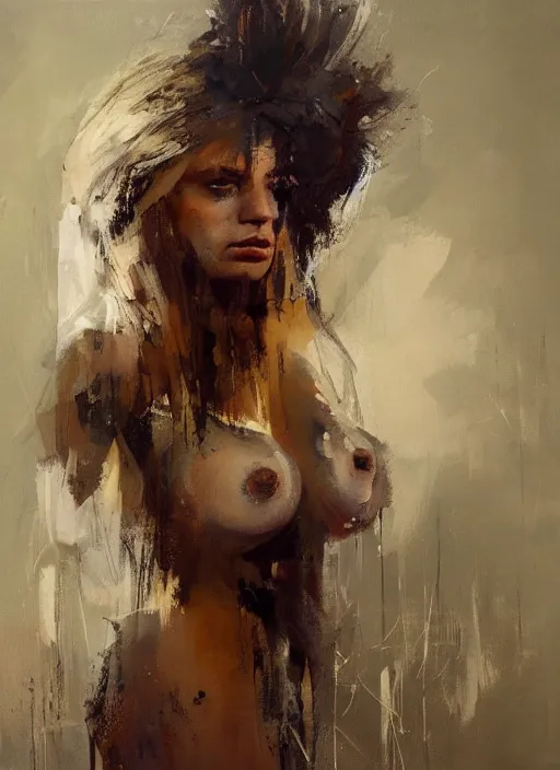 Image similar to painting of a beautiful woman with the face of a lion, loosely robed in animal skins, with a strong pose, by Jeremy Mann, stylized, detailed, loose brush strokes, warm tones, vivid colors, realistic